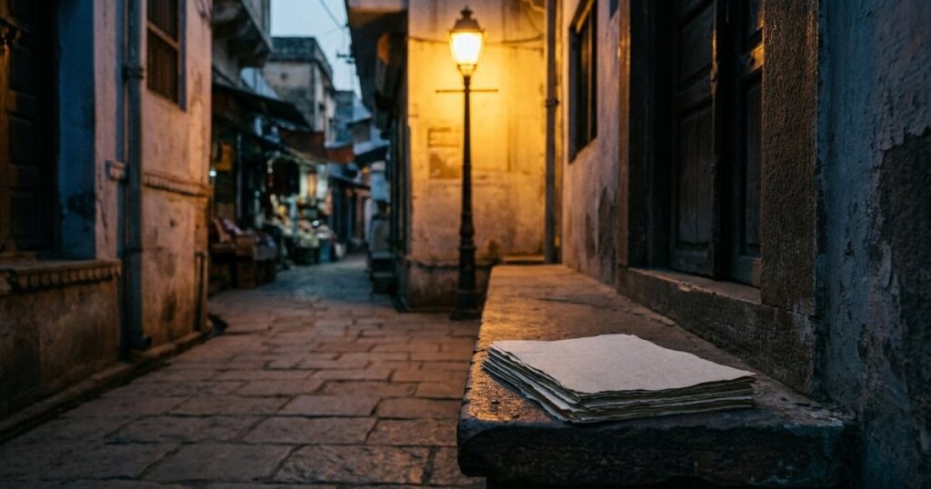 An Indian marketplace at dusk with a stack of papers, symbolizing Indian angel investing, under a warm street lamp.