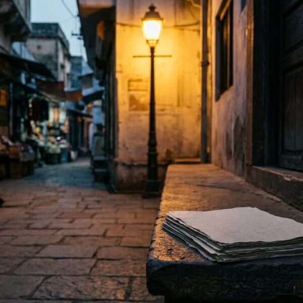 An Indian marketplace at dusk with a stack of papers, symbolizing Indian angel investing, under a warm street lamp.
