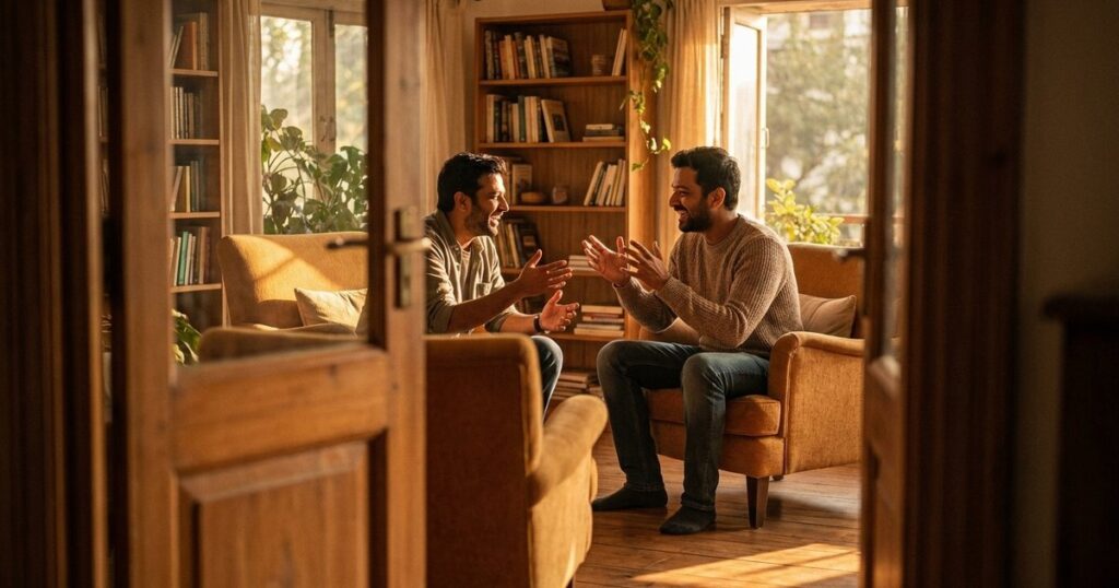 Two Indian tech founders discuss sales strategies in a warmly lit room, reflecting on practical sales advice for new tech founders.