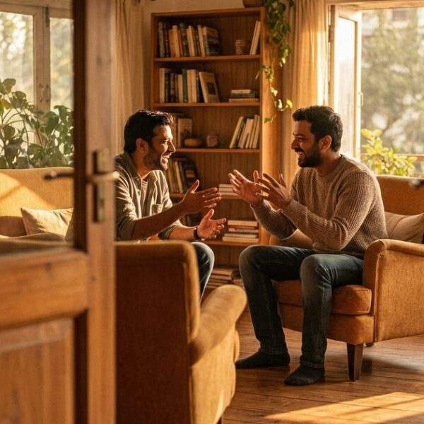 Two Indian tech founders discuss sales strategies in a warmly lit room, reflecting on practical sales advice for new tech founders.