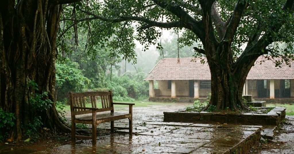 A rain-soaked rural village setting with a lone bench, echoing Eklavya and TeachToEarn's educational themes.