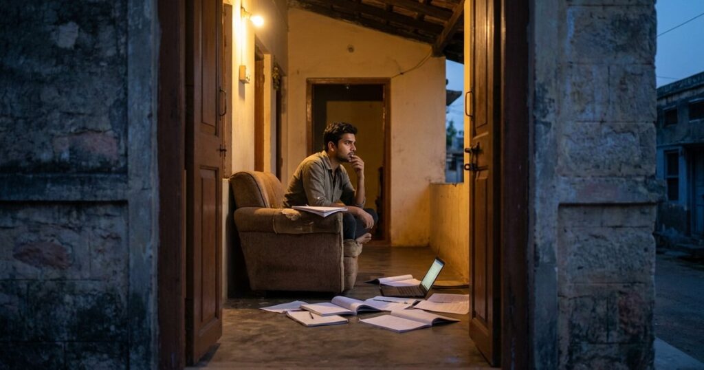 An Indian graduate sits on a porch with scattered papers, illustrating the struggle of job hunting in India.