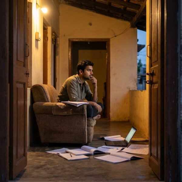 An Indian graduate sits on a porch with scattered papers, illustrating the struggle of job hunting in India.