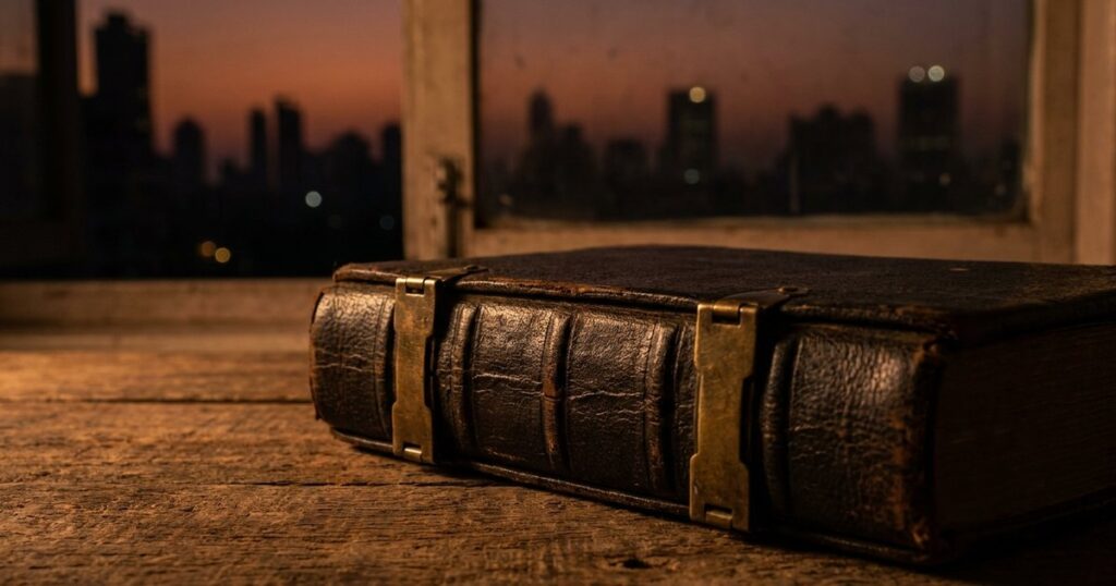 Extreme close-up of a leather-bound book symbolizing sales insights for Indian tech founders set in a Mumbai backdrop.