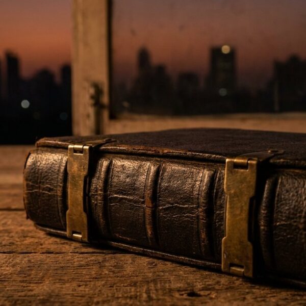 Extreme close-up of a leather-bound book symbolizing sales insights for Indian tech founders set in a Mumbai backdrop.