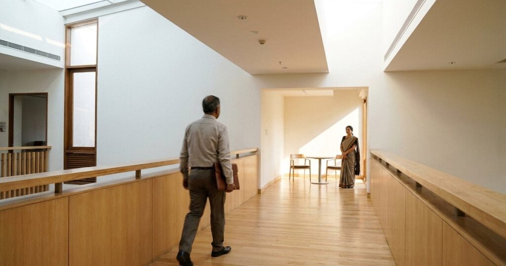 Investor walking through a bright library toward professional advice while carrying a closed portfolio folder