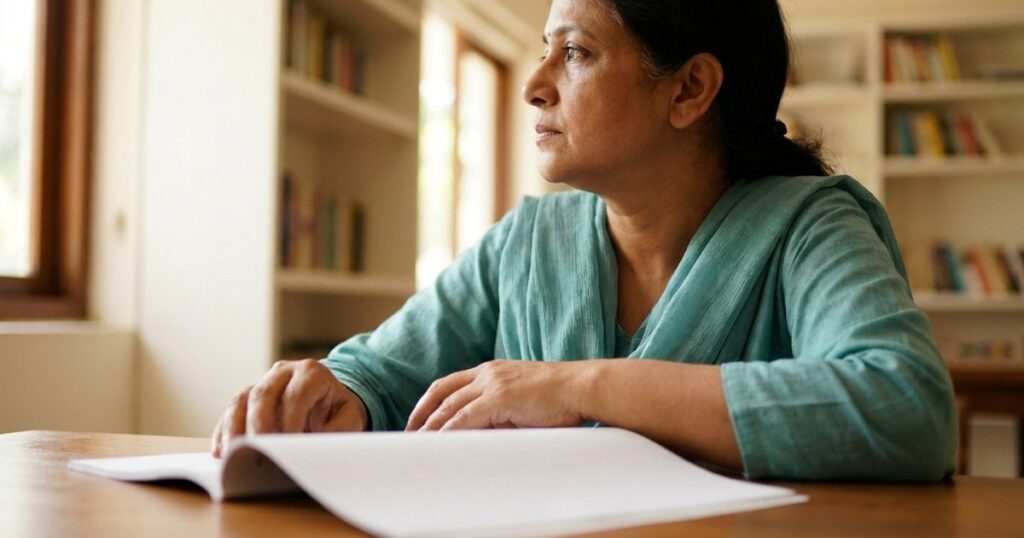 Indian investor pausing thoughtfully over a blank document, reflecting on disciplined investing habits and market risk
