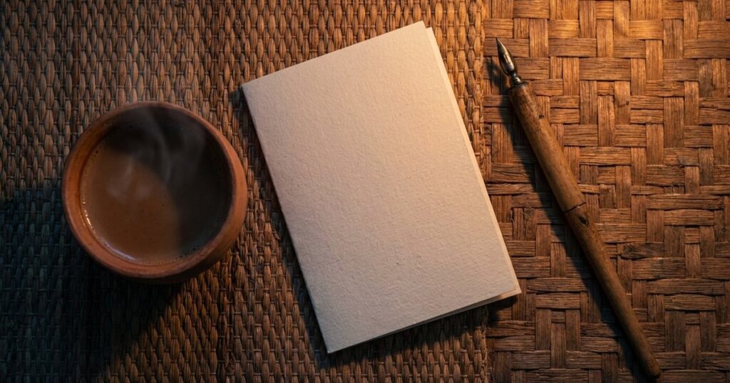 A pocket-sized sales preparation card, chai cup, and ink pen on a woven mat depict a sales strategy guide.