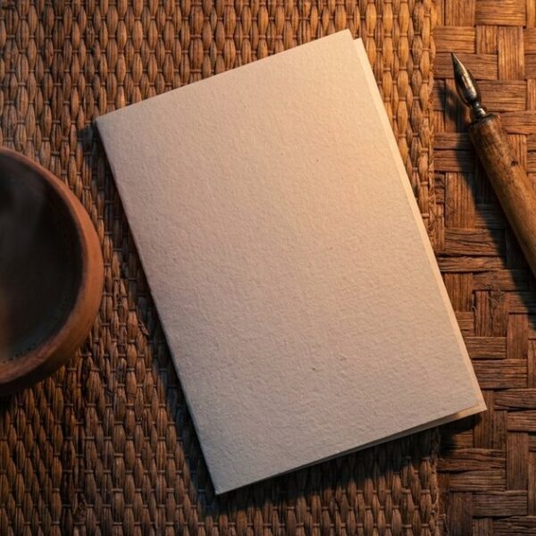 A pocket-sized sales preparation card, chai cup, and ink pen on a woven mat depict a sales strategy guide.
