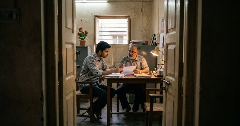 An Indian professional and mentor are engaging in a discussion about a thirty-day job-seeking plan in an office, seen through a doorway.