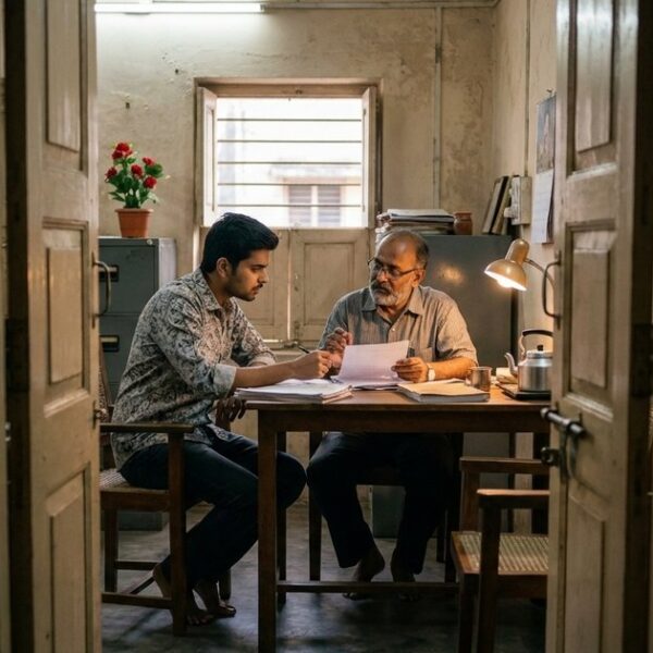 An Indian professional and mentor are engaging in a discussion about a thirty-day job-seeking plan in an office, seen through a doorway.