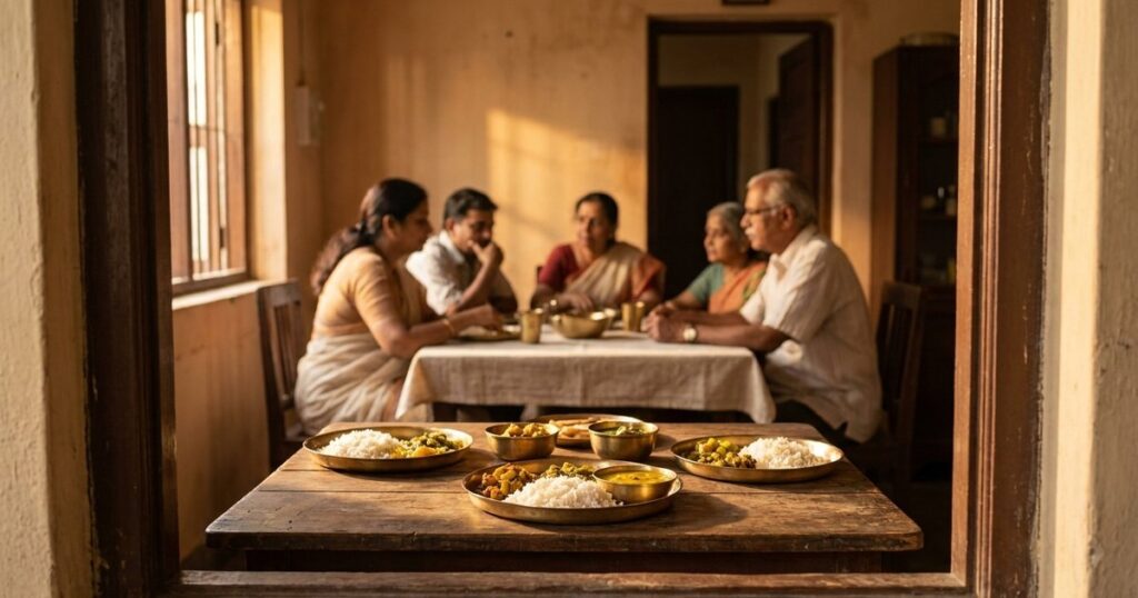 A family gathered for a Sunday lunch in an Indian home, reflecting discussion about a risky business decision by the founder.