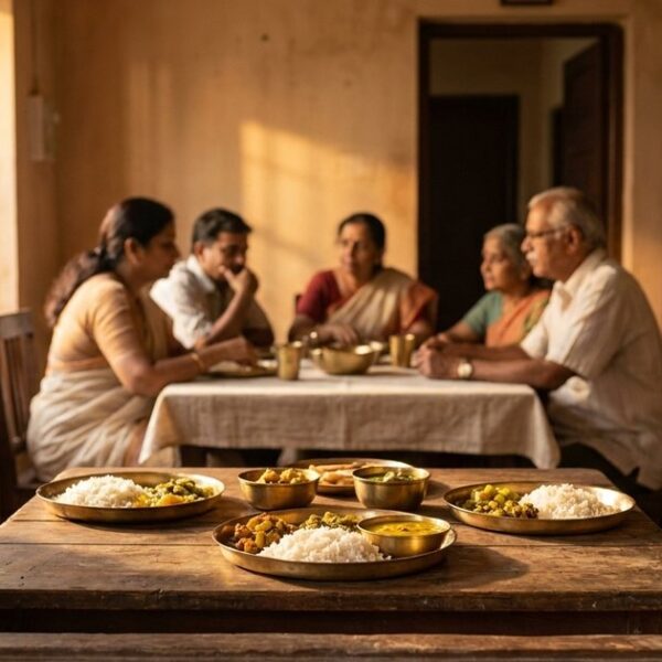 A family gathered for a Sunday lunch in an Indian home, reflecting discussion about a risky business decision by the founder.