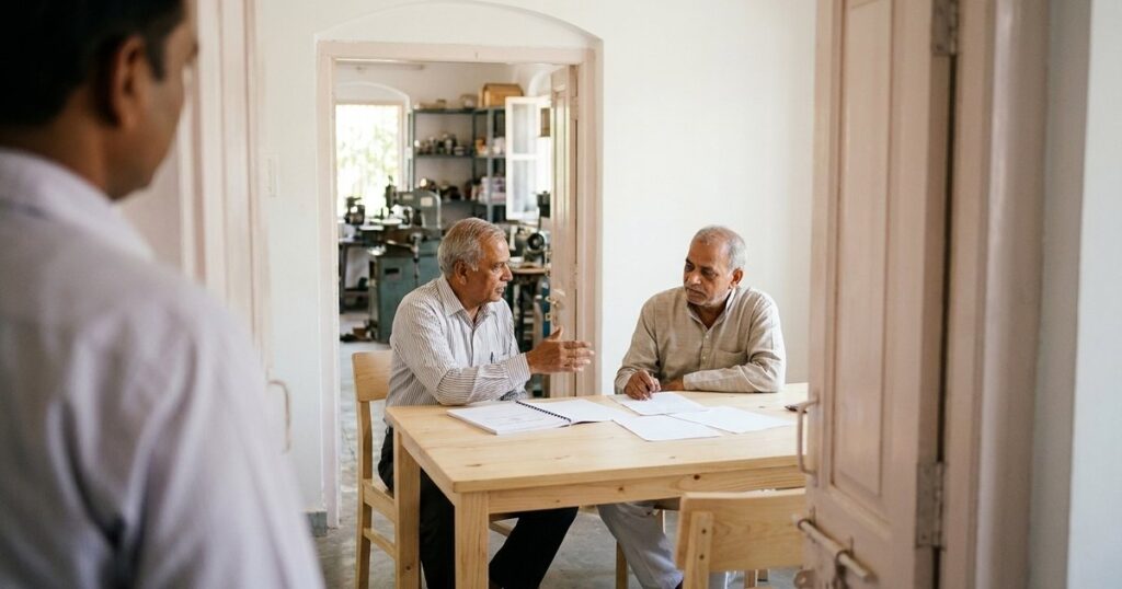 Founder and adviser review a business’s valuation, competitive moat, and capital allocation in an Indian office