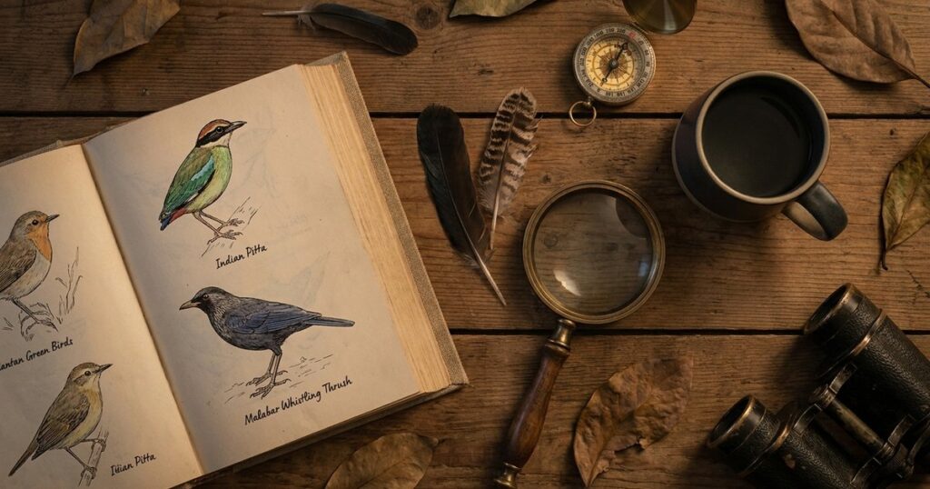 A flat-lay of feathers and an open bird guide illustrating discovery, related to AI and children's education.