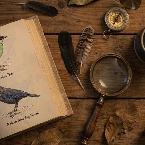 A flat-lay of feathers and an open bird guide illustrating discovery, related to AI and children's education.
