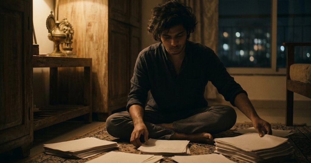 An Indian tech founder organizes sales objection notes on a living room floor, highlighting the challenges faced by beginners.