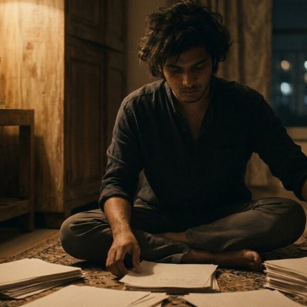 An Indian tech founder organizes sales objection notes on a living room floor, highlighting the challenges faced by beginners.
