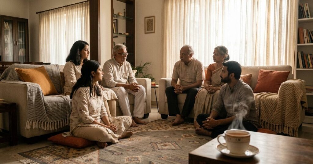 Indian family discussing life reframes in a sunlit living room, reflecting on personal growth and understanding.