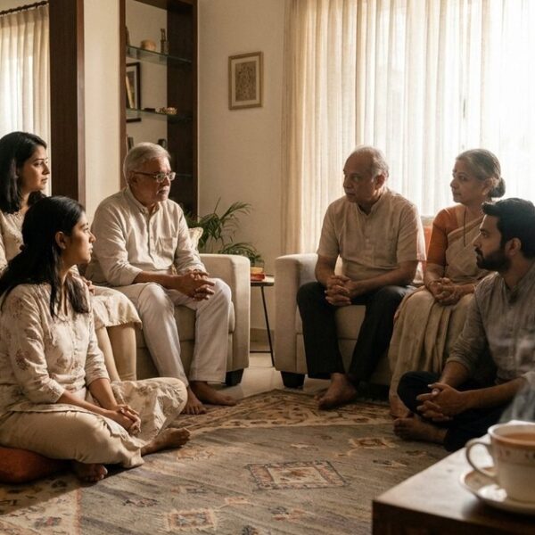 Indian family discussing life reframes in a sunlit living room, reflecting on personal growth and understanding.