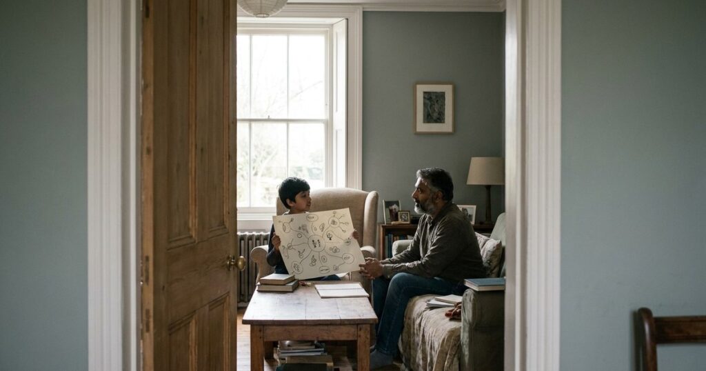 Parent and child discussing a learning dashboard in a cozy living room, emphasizing educational progress tracking.