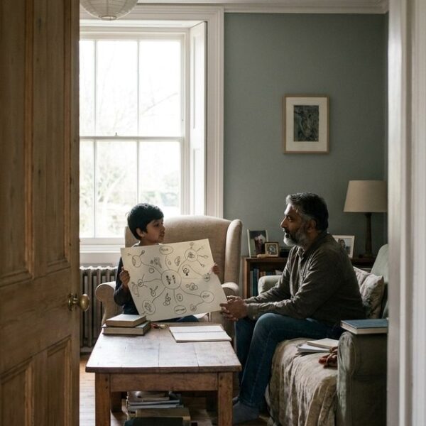 Parent and child discussing a learning dashboard in a cozy living room, emphasizing educational progress tracking.