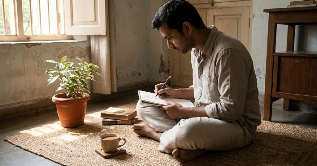 Indian solopreneur sketches ideas in a sunlit room, reflecting on personal work-life balance in their journey.