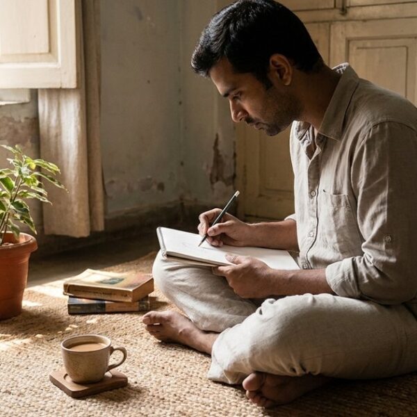 Indian solopreneur sketches ideas in a sunlit room, reflecting on personal work-life balance in their journey.