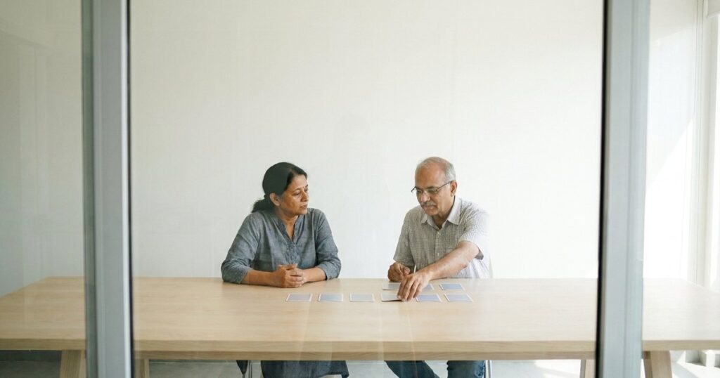Two Indian investors discuss and sort blank cards while learning investing terms in a bright glass-walled room