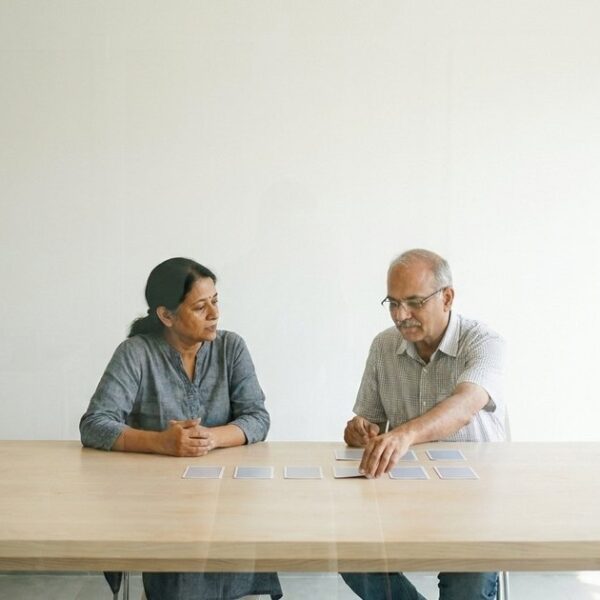 Two Indian investors discuss and sort blank cards while learning investing terms in a bright glass-walled room