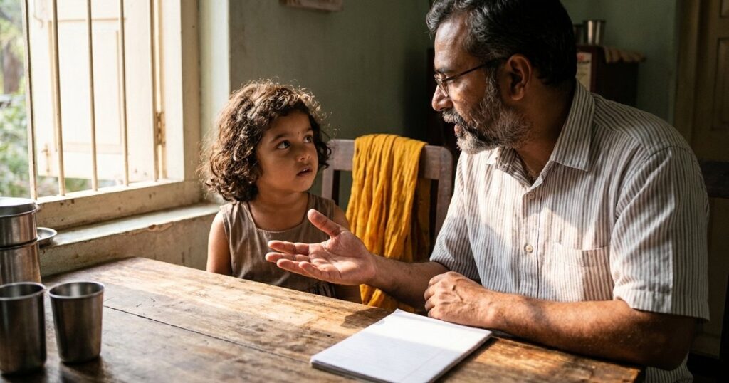 An Indian father having a thoughtful conversation with his daughter, illustrating family communication scripts.