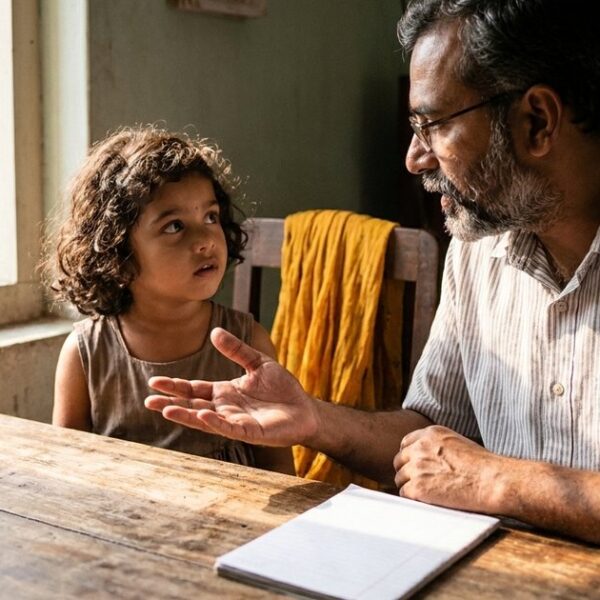 An Indian father having a thoughtful conversation with his daughter, illustrating family communication scripts.
