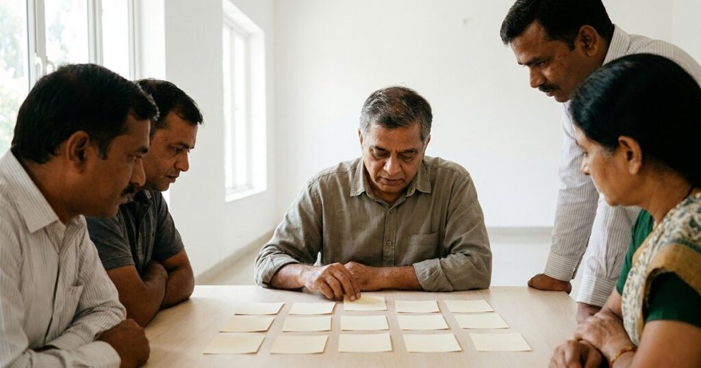Indian investors review blank prompt cards in a bright workshop about AI-assisted investment research