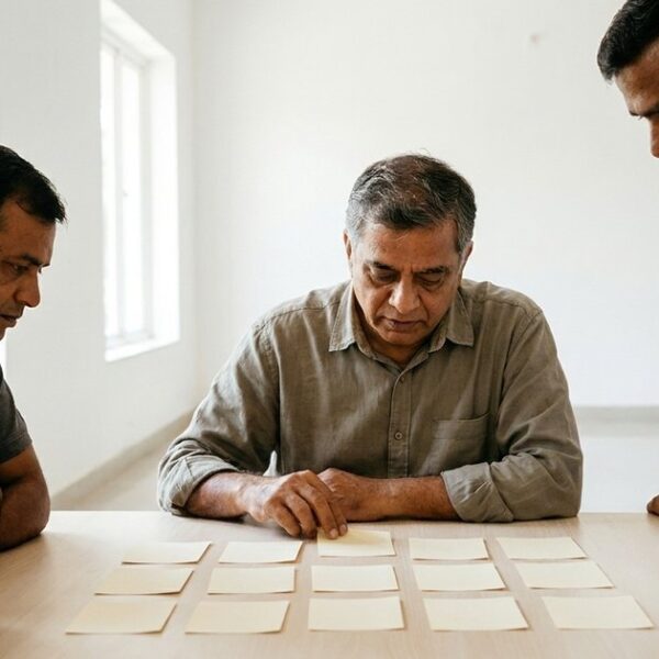 Indian investors review blank prompt cards in a bright workshop about AI-assisted investment research