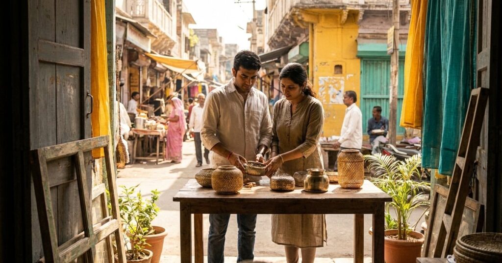 An Indian man and woman collaborate in an outdoor workshop with craft objects, highlighting the topic of working templates.