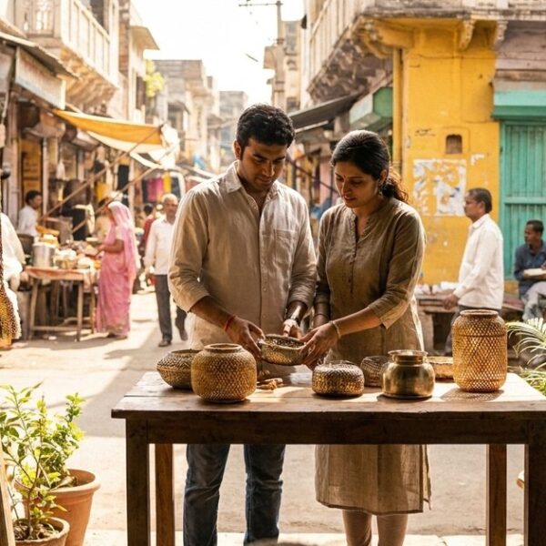 An Indian man and woman collaborate in an outdoor workshop with craft objects, highlighting the topic of working templates.