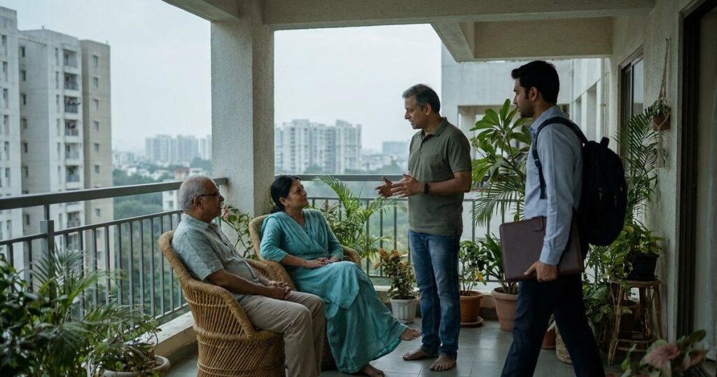 Indian family discussing investment choices across different life stages on an apartment terrace