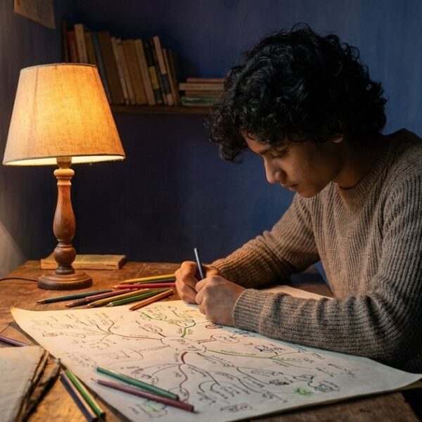 Student absorbed in creating a mind map, illustrating education's balance of autonomy and structure.