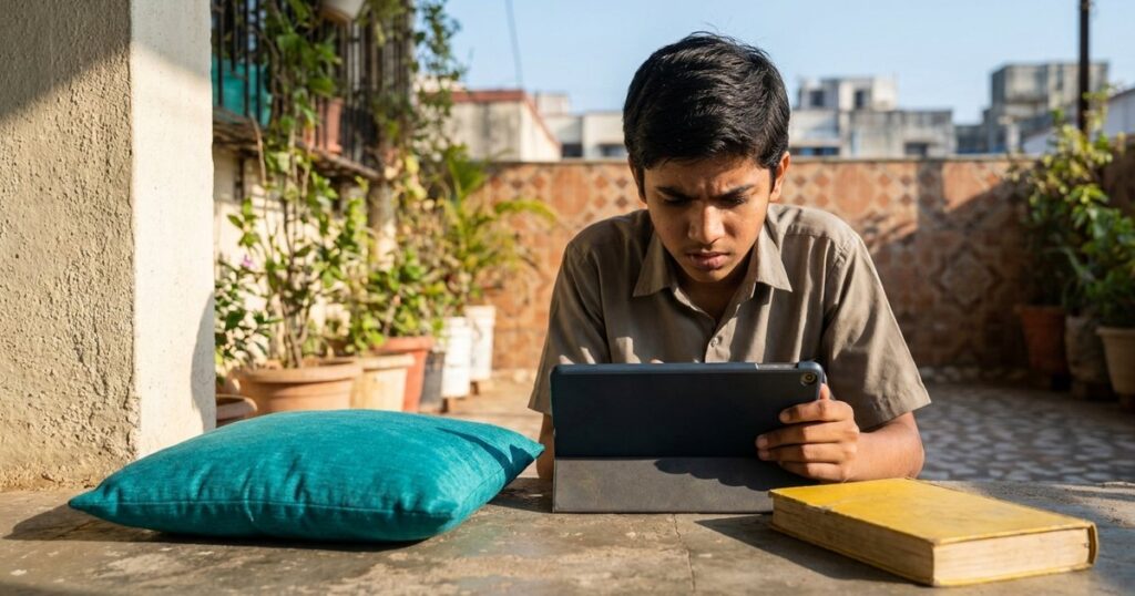 An Indian student using a tablet for learning, reflecting AI tutor tools in education for Indian students in 2026.