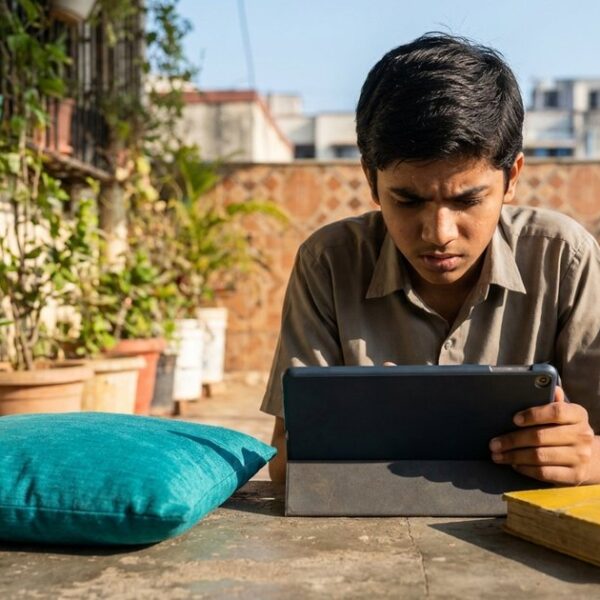 An Indian student using a tablet for learning, reflecting AI tutor tools in education for Indian students in 2026.