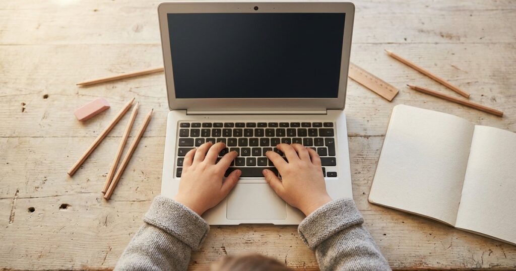 Child typing on a Primebook 4G laptop for online learning in India, with school supplies on a wooden desk.