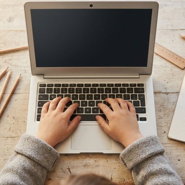 Child typing on a Primebook 4G laptop for online learning in India, with school supplies on a wooden desk.