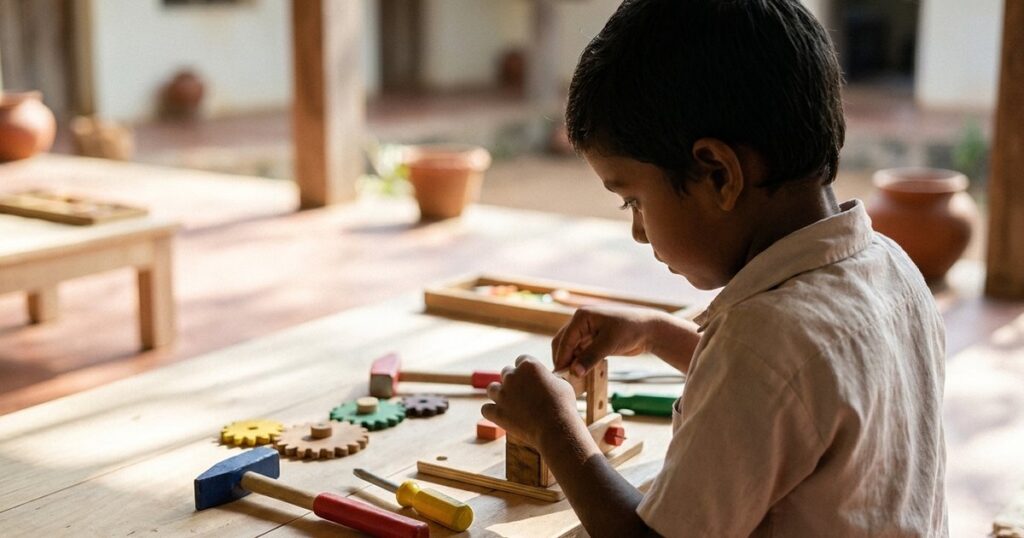 A child engaged in a hands-on project, symbolizing educational reform through parallel models in an open-air setting.