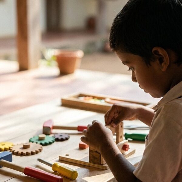 A child engaged in a hands-on project, symbolizing educational reform through parallel models in an open-air setting.