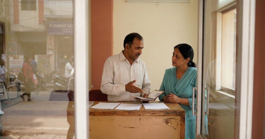Two Indian adults discuss investments and currency risk in a shaded exchange office.
