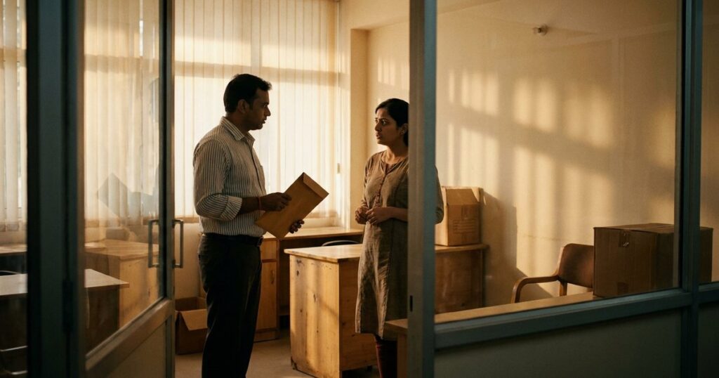 Employees discuss delayed salaries and layoffs inside a Byju’s office