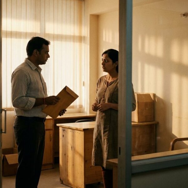 Employees discuss delayed salaries and layoffs inside a Byju’s office