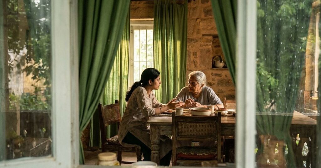 A young Indian woman discussing dreams with an elder in a homely setting, reflecting on balancing personal ambitions and societal expectations.