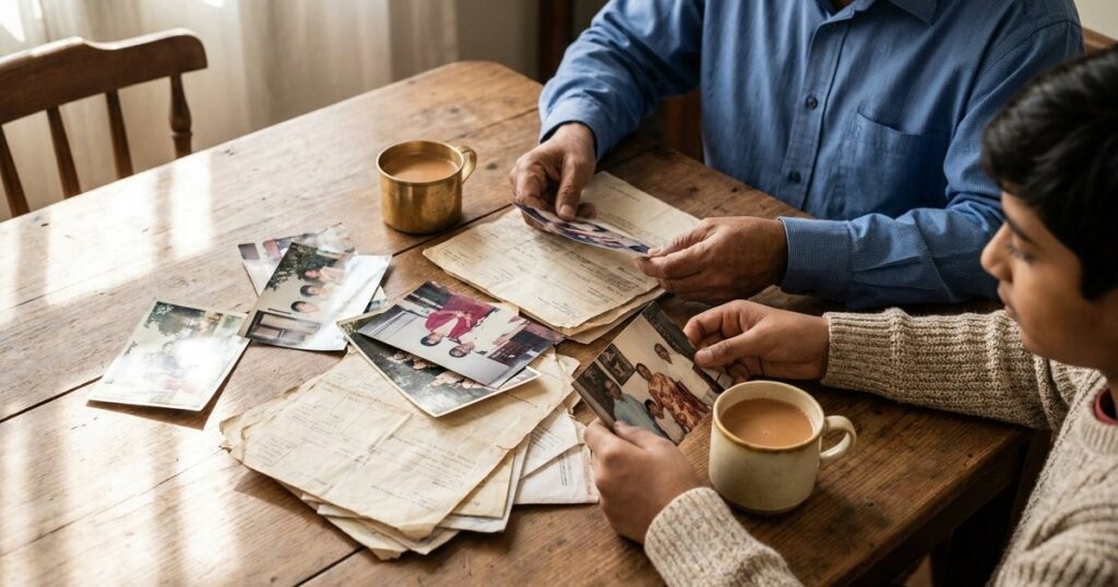 An Indian man and family member discuss financial papers and photos at a dining table about Indian family finance strategies.