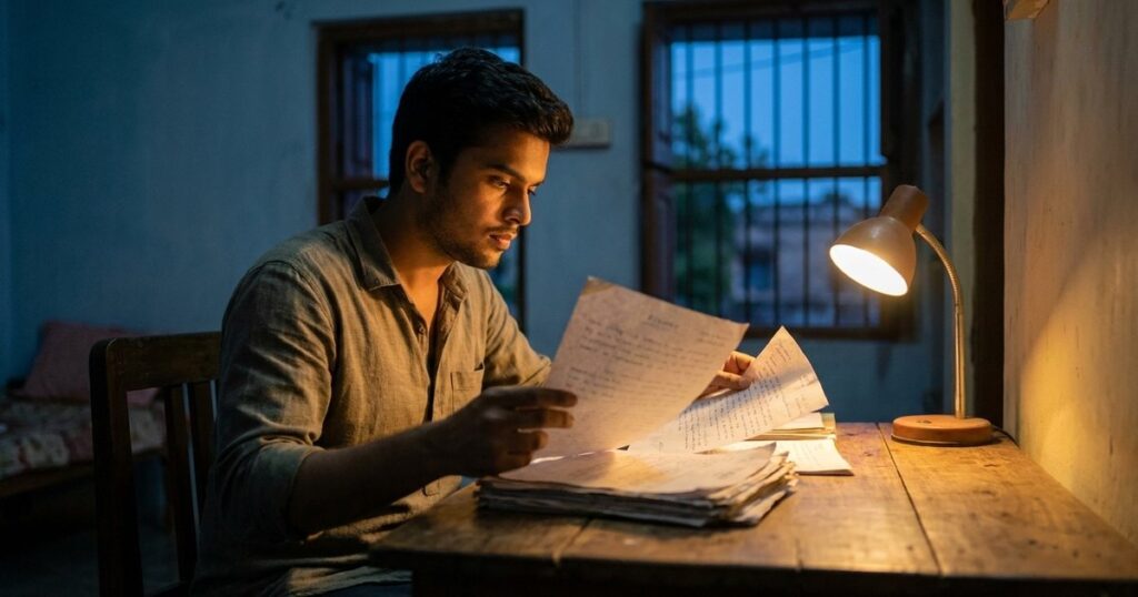 A young graduate organizes resumes by hand, illustrating the thoughtful approach to job applications discussed in the article.